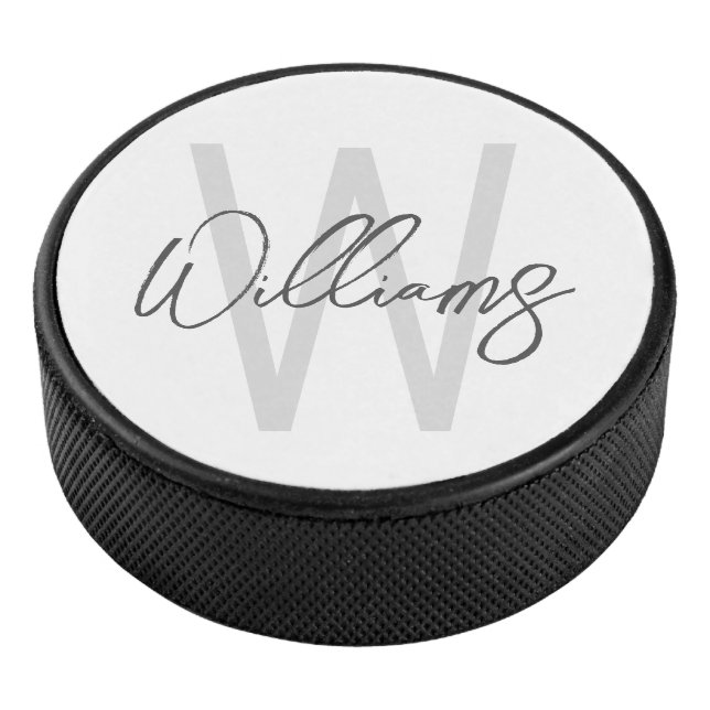 Modern Script Personalisiert Monogram und Name Eishockey Puck (3/4)