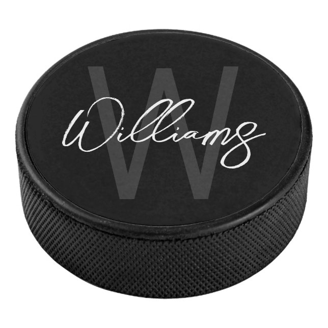 Modern Script Personalisiert Monogram und Name Eishockey Puck (3/4)