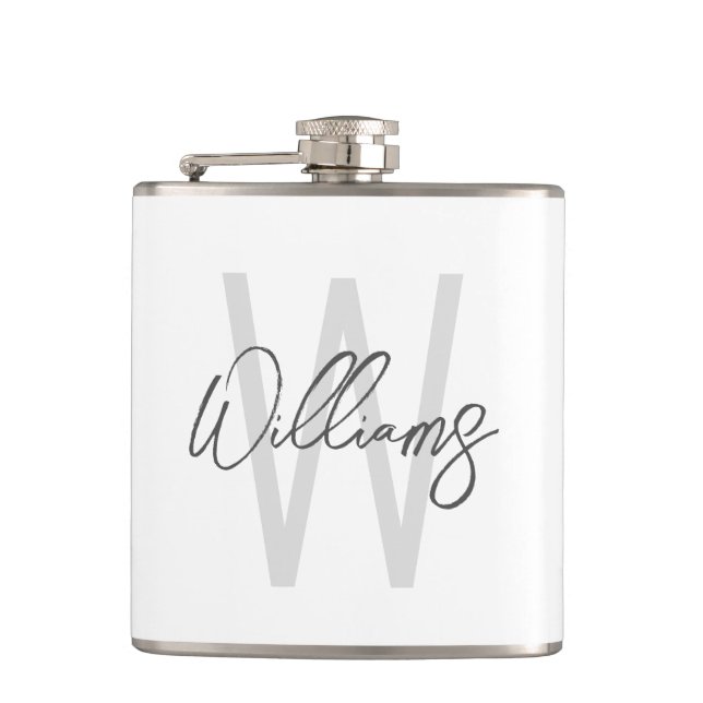 Modern Script Personalisiert Monogram und Name Flachmann (Vorderseite)
