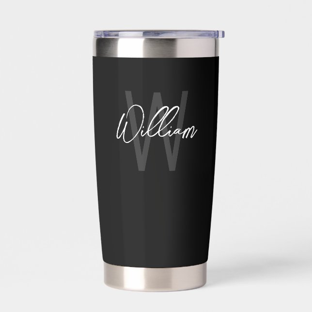 Modern Script Personalisiert Monogram und Name Thermobecher (Links)