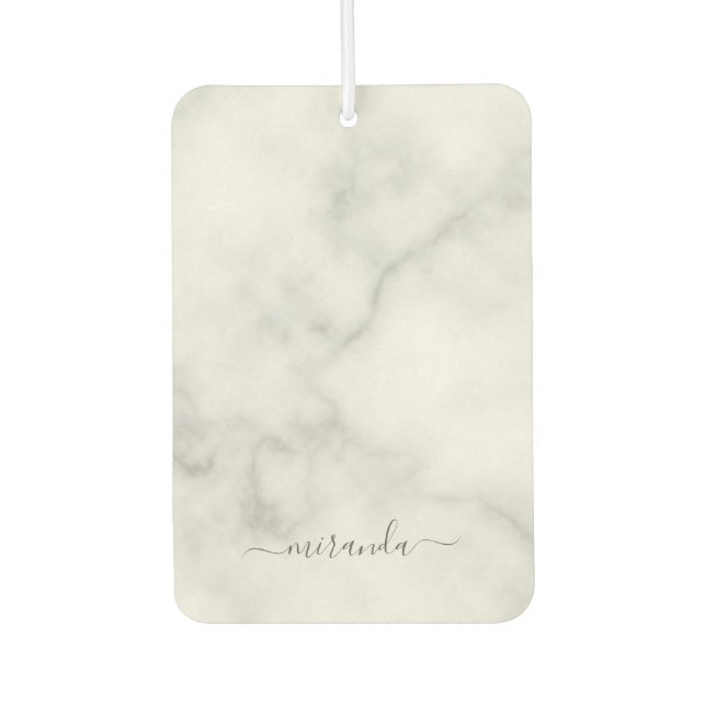 Modern Script Personalisiert Name White Marble Autolufterfrischer (Vorderseite)