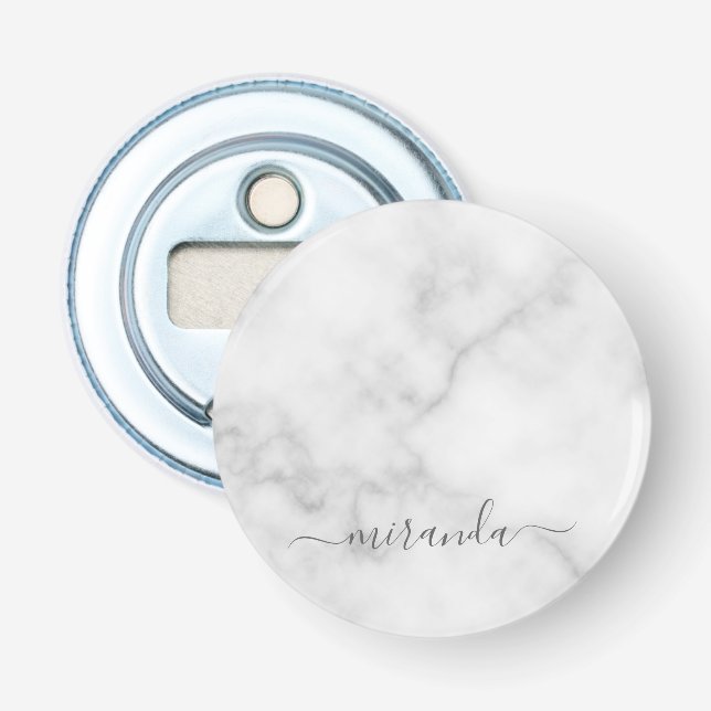 Modern Script Personalisiert Name White Marble Flaschenöffner (Vorderseite)