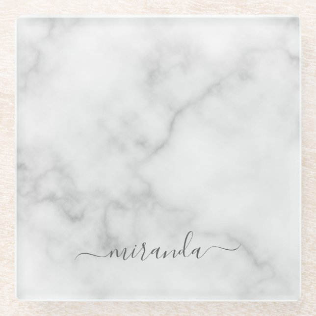Modern Script Personalisiert Name White Marble Glasuntersetzer (Vorderseite)