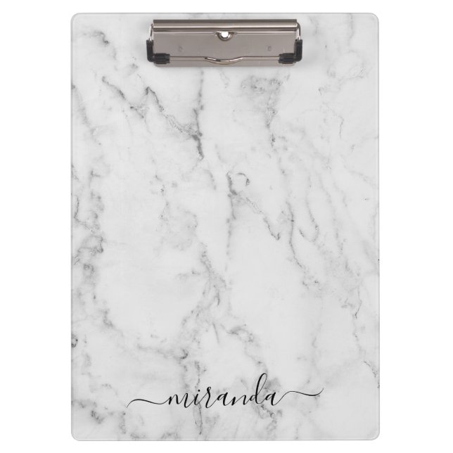 Modern Script Personalisiert Name White Marble Klemmbrett (Vorderseite)
