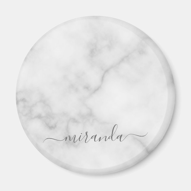 Modern Script Personalisiert Name White Marble Magnet (Vorne)