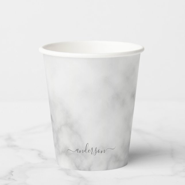 Modern Script Personalisiert Name White Marble Pappbecher (Vorderseite)