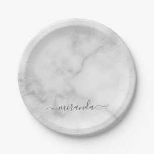Modern Script Personalisiert Name White Marble Pappteller