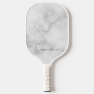 Modern Script Personalisiert Name White Marble Pickleball Schläger