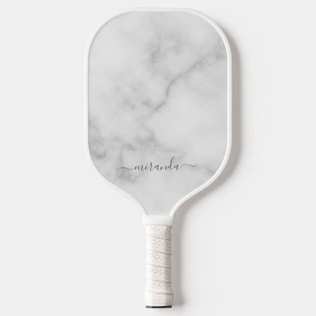 Modern Script Personalisiert Name White Marble Pickleball Schläger (Vorderseite)