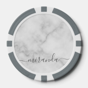 Modern Script Personalisiert Name White Marble Pokerchips