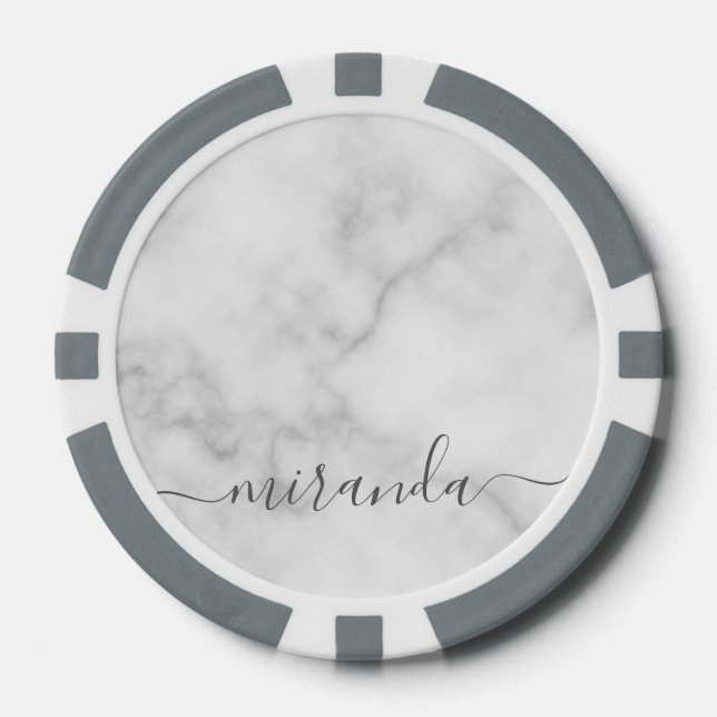 Modern Script Personalisiert Name White Marble Pokerchips (Vorderseite)