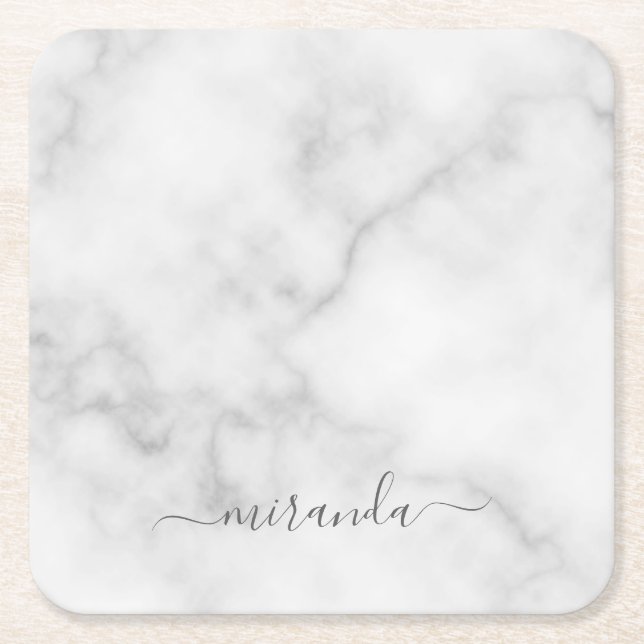 Modern Script Personalisiert Name White Marble Rechteckiger Pappuntersetzer (Vorderseite)