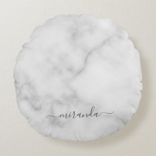 Modern Script Personalisiert Name White Marble Rundes Kissen