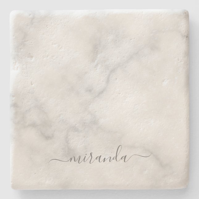Modern Script Personalisiert Name White Marble Steinuntersetzer (Vorderseite)