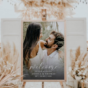 Modern Script Photo Black & White Wedding Sign Poster