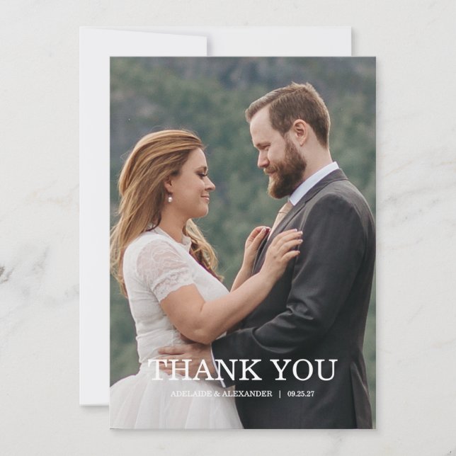 Modern Script Photo Wedding Dankeskarte (Vorderseite)