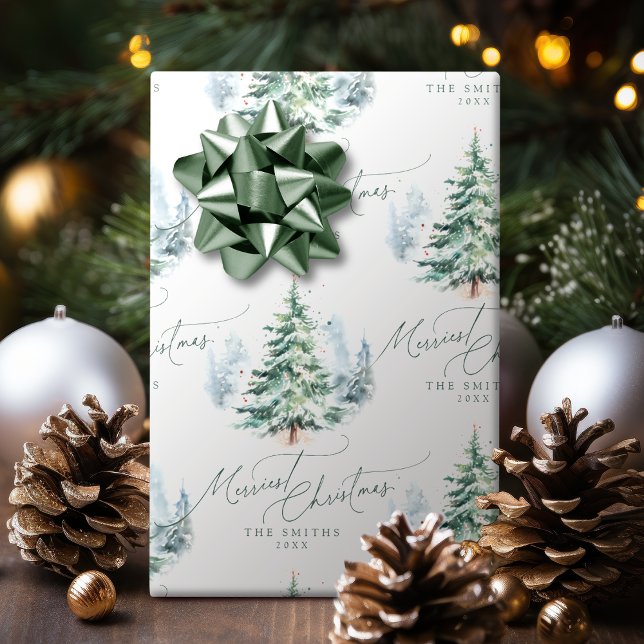 Modern Script Pine Tree Merriest Christmas Geschenkpapier (Modern Script Pine Tree Merriest Christmas Wrapping Paper)