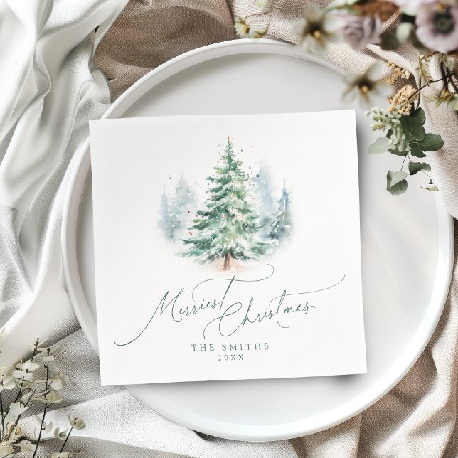 Modern Script Pine Tree Merriest Christmas Serviette (Modern Script Pine Tree Merriest Christmas Napkins)