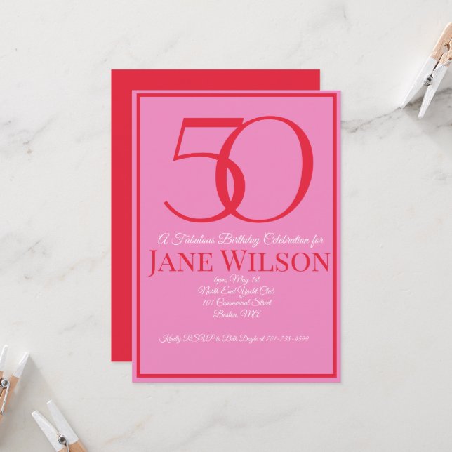 Modern Script Pink 50. Geburtstag fabulous  Einladung (Vorderseite/Rückseite Beispiel)