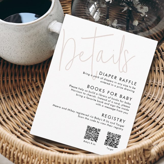 Modern Script Pink Babydusche Details 2 QR Codes Begleitkarte (Modern Script Pink Baby Shower Details 2 QR Codes Enclosure Card)