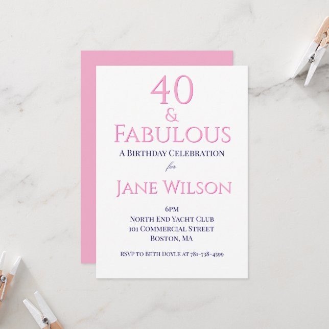 Modern Script Pink Navy 40 Fantastischer Geburtsta Einladung (Vorderseite/Rückseite Beispiel)
