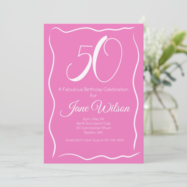 Modern Script Pink White 50. Geburtstag  Einladung (Stehend Vorderseite)