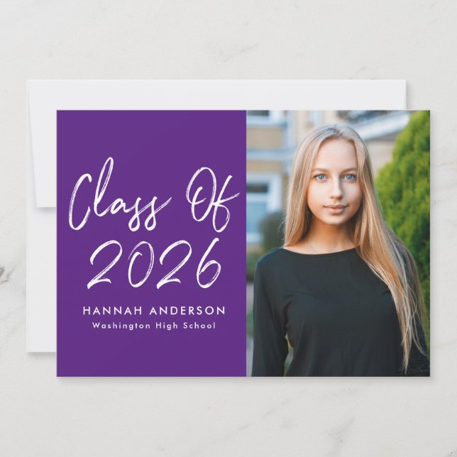 Modern Script Purple Foto Graduation Party Einladung (Vorderseite)