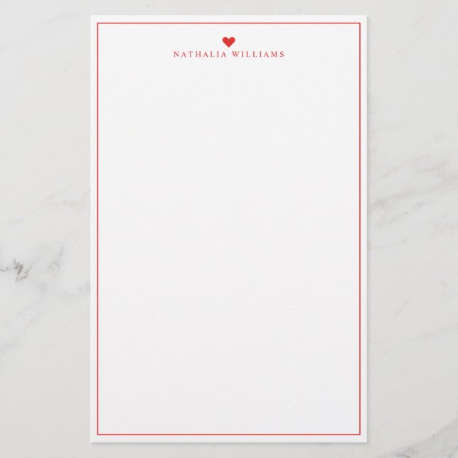 Modern Script Red Heart Border Monogram Briefpapier (Vorderseite)