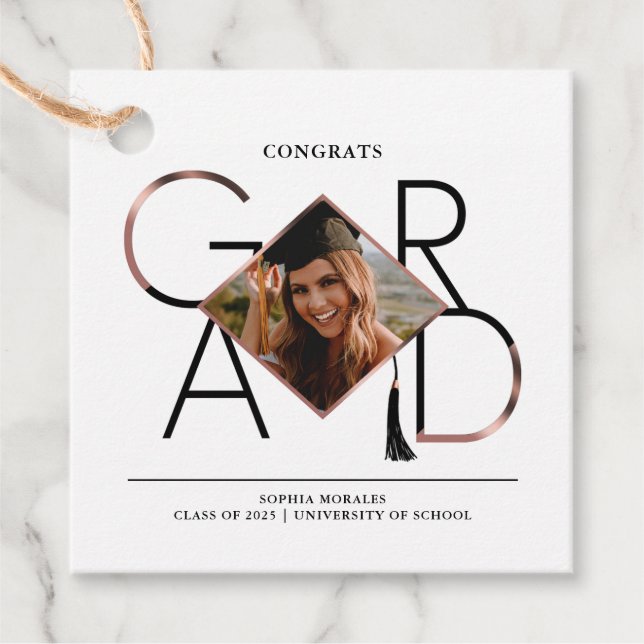Modern Script Rose Gold Tassel Grad Foto Frame Geschenkanhänger (Vorderseite)