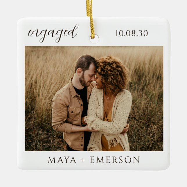 Modern Script Rustic Engagement Photo Keepsake  Keramikornament (Vorderseite)