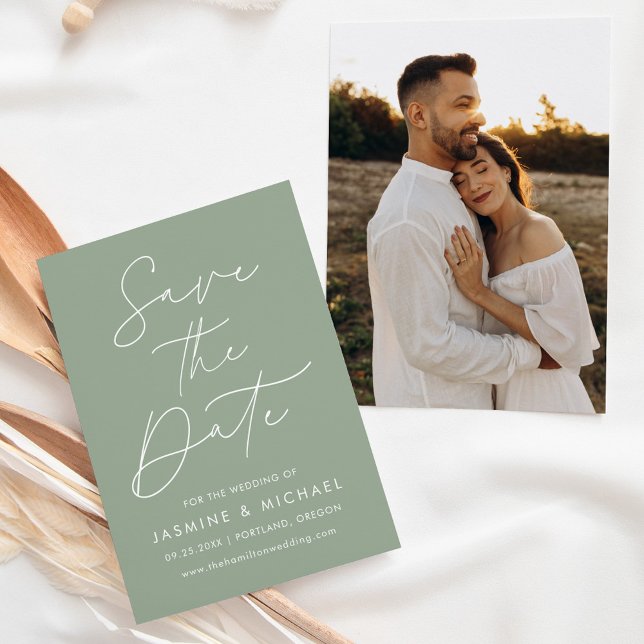 Modern Script Sage Green Foto Save The Date (Von Creator hochgeladen)
