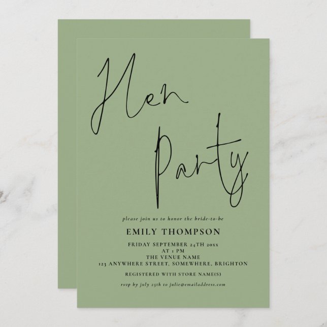 Modern Script Sage Green Hen Party Einladung (Vorne/Hinten)