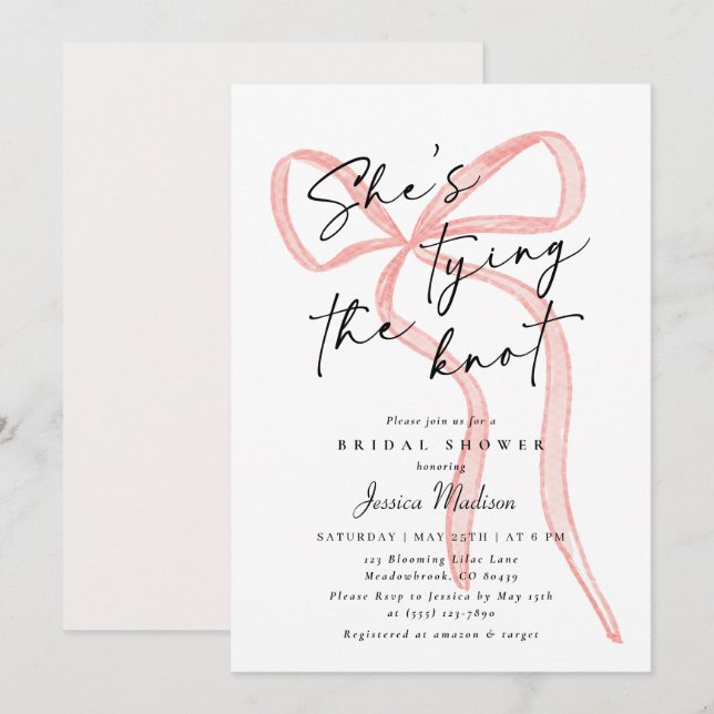Modern Script Schriftart Big Pink Bow Brautparty Einladung (Vorne/Hinten)