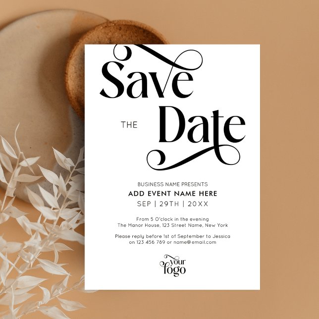 Modern Script Simple Business Event Save The Date Einladung (Sophisticated Save The Date cards in black and white, featuring trendy swirly serif fonts)