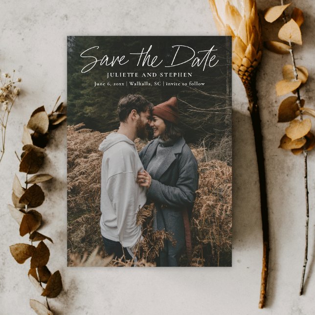 Modern Script Simple Wedding Foto Save The Date (Handwritten Photo Wedding Save the Date with QR Code.)