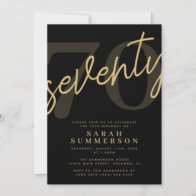 Modern Script Sixty Black Gold 70th Birthday Party Einladung (Vorderseite)