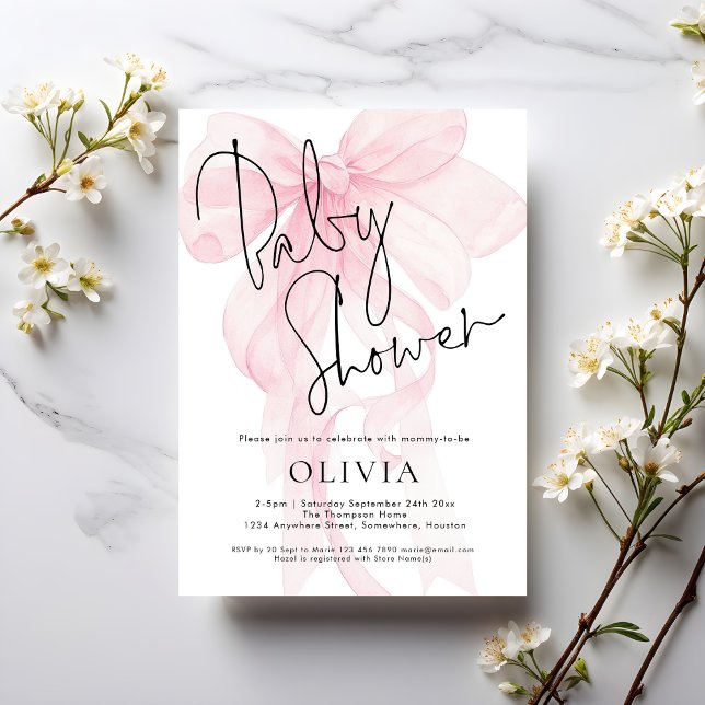 Modern Script Soft Pink Bow Baby Shower Einladung (Von Creator hochgeladen)