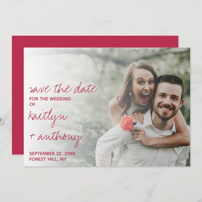 Modern Script Viva Magenta Minimalistic Photo Save The Date (Vorne/Hinten)