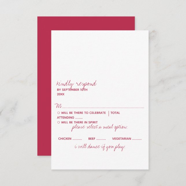 Modern Script Viva Magenta Minimalistic Wedding RSVP Karte (Vorne/Hinten)