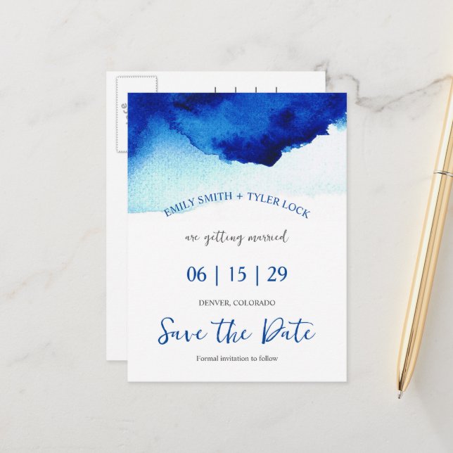 Modern Script Watercolor Indigo Blue Save the Date Ankündigungspostkarte (Vorderseite/Rückseite Beispiel)