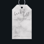 Modern Script Wedding Bucket List Marble Geschenkanhänger<br><div class="desc">Fügen Sie Ihrer Hochzeit eine persönliche Touch mit einer modernen Script-Eimer-Tagkarte hinzu. Diese Karte enthält den Titel 'Eimerliste' in grauem,  modernem Script-Schriftart und Details in grauem,  modernem Sans-Serif-Schriftart auf weißem Hintergrund.</div>