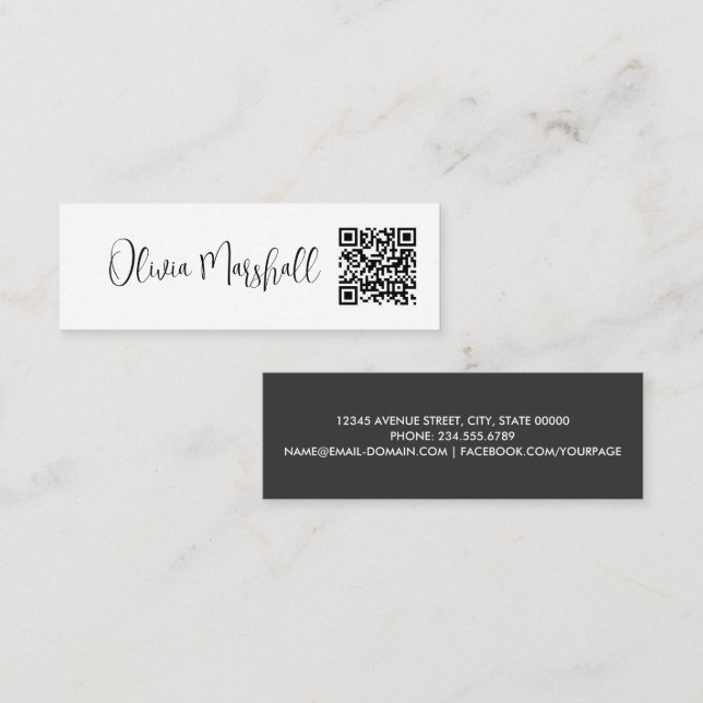 Modern Script White Black Minimalistisch QR CODE Mini Visitenkarte (Vorne/Hinten)