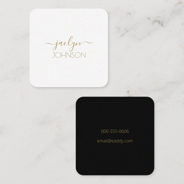 Modern Script White Gold Personalisiert Black Name Quadratische Visitenkarte (Vorne/Hinten)