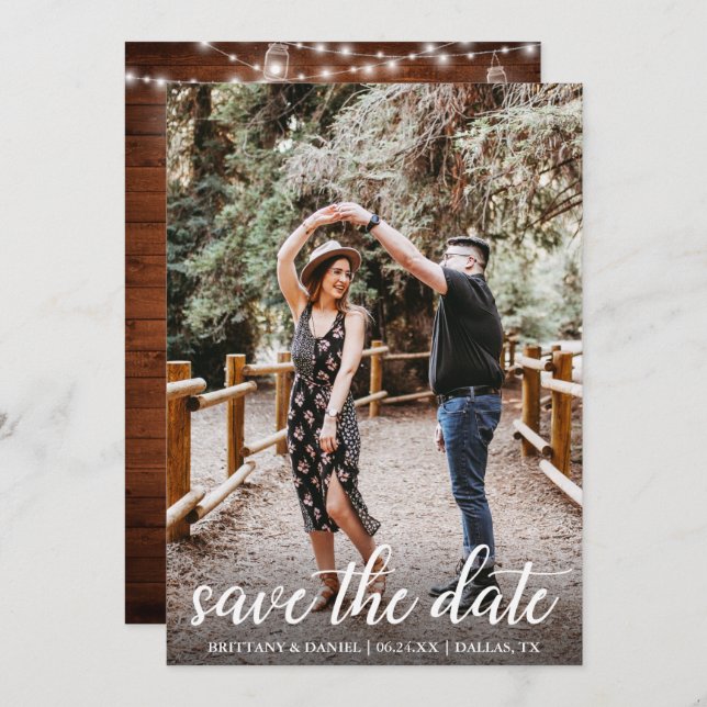 Modern Script Wood Jar Lights Save the Date Card Einladung (Vorne/Hinten)