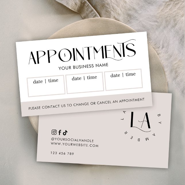 Modern Serif Font Logo Salon or Spa Taupe & White Terminkarte (Modern white snd taupe appointments card featuring trendy serif fonts and your custom logo)