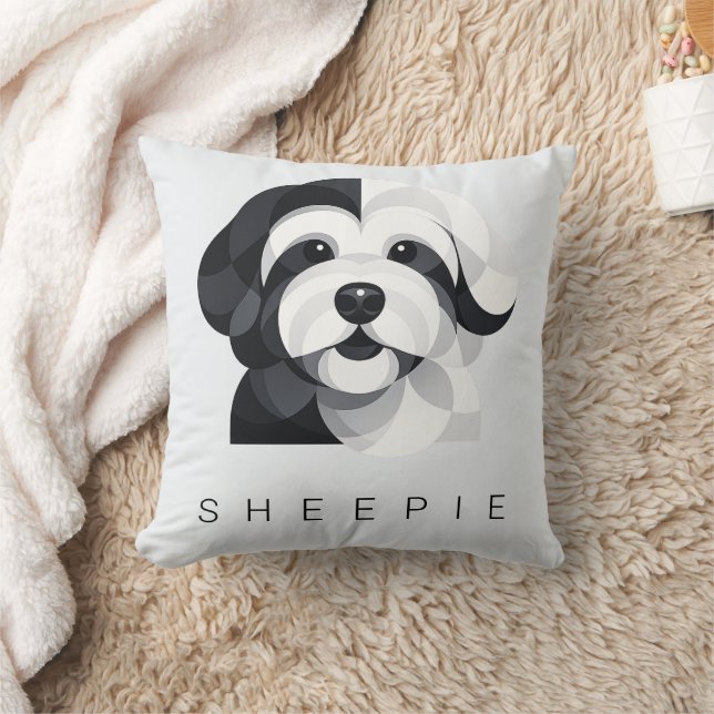 Modern Sheepadoodle Art - Geometric Black & White  Kissen (Decke)