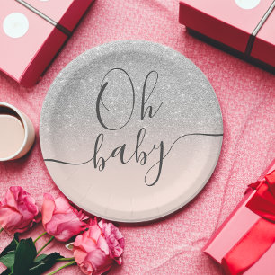 Modern silberner Glitzer rot Rosa Oh Babydusche Pappteller
