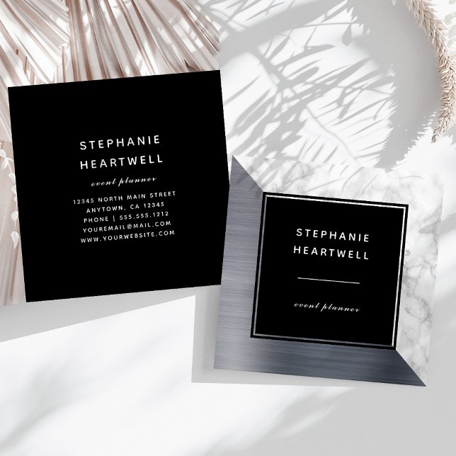Modern Silver Brushed Foil White Marble Black Quadratische Visitenkarte (Von Creator hochgeladen)