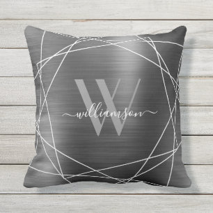 Modern Silver Brushed Metal Monogram Name Script Kissen