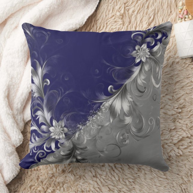 Modern Silver Embellished Grey Blue Throw Pillow Kissen (Decke)